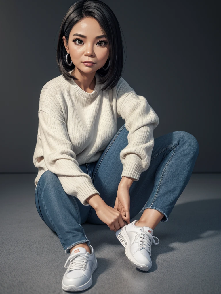 Realistic 4D caricature with a big head of an Indonesian woman aged 40yo,thin body, wearing a sweater, jeans, sneakers, sitting in floor with his hand on his chin, black and silver gradient background,Pixar style,3D rendering