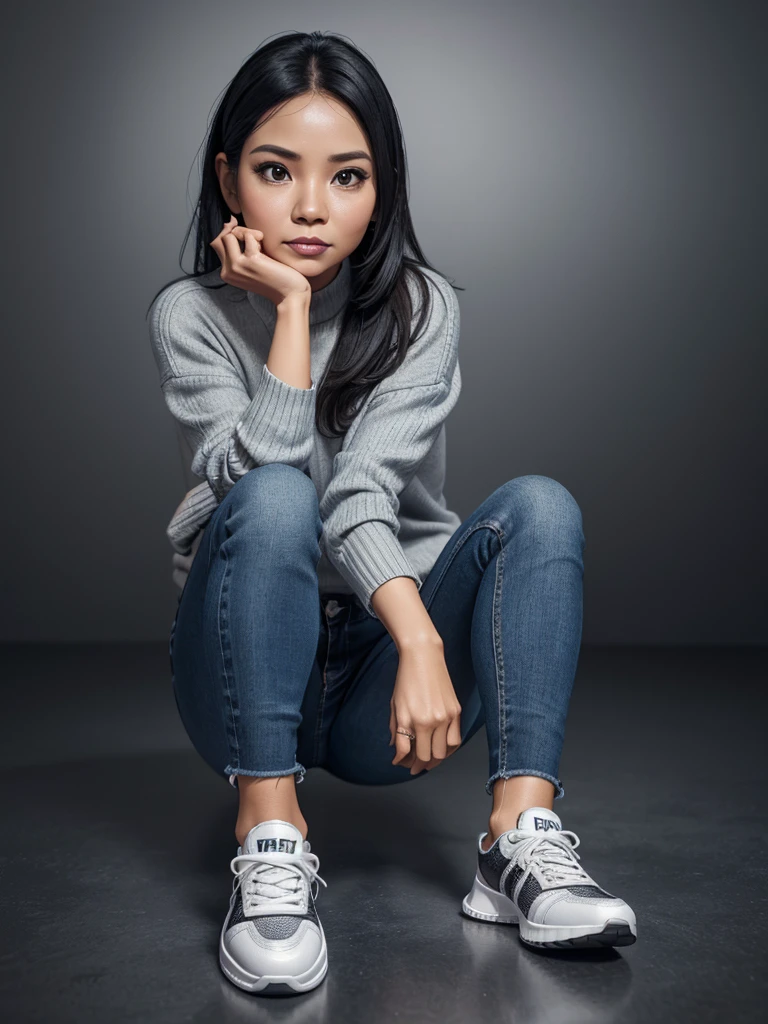 Realistic 4D caricature with a big head of an Indonesian woman aged 40yo,thin body, wearing a sweater, jeans, sneakers, sitting in floor with his hand on his chin, black and silver gradient background,Pixar style,3D rendering