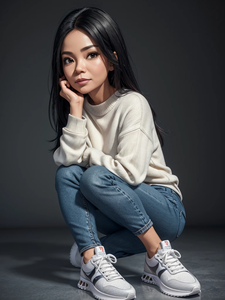 Realistic 4D caricature with a big head of an Indonesian woman aged 40yo,thin body, wearing a sweater, jeans, sneakers, sitting in floor with his hand on his chin, black and silver gradient background,Pixar style,3D rendering