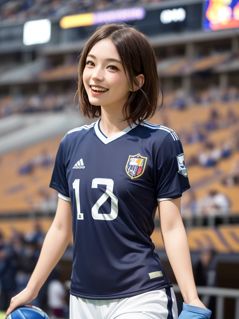 (Highest quality、8k、32K、masterpiece)、(Realistic)、(Realistic:1.2)、(High resolution)、Very detailed、Very beautiful face and eyes、(((Female solo shot)))、Frame In、Tight waist、(Highest quality、Attention to detail、Rich skin detail)、(Highest quality、8k、Oil paints:1.2)、(Realistic、Realistic:1.37)、Bright colors、(((Cowboy Shot)))、(((short hair)))、(((Laughter)))、(((Brown Hair)))、(((Soccer uniforms)))、(((ピンクのSoccer uniforms)))、(((Football Stadium)))、(((Enthusiastic audience)))、(((Uniform without lines)))、Short sleeve uniform、There are no lines on the sleeves