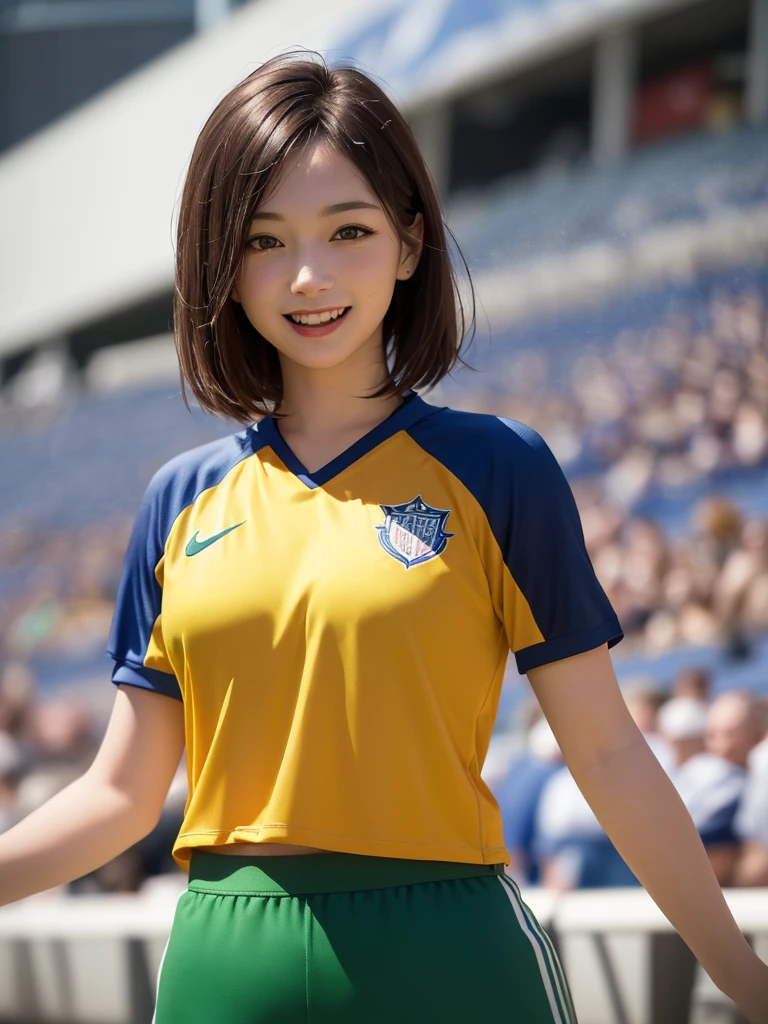 (Highest quality、8k、32K、masterpiece)、(Realistic)、(Realistic:1.2)、(High resolution)、Very detailed、Very beautiful face and eyes、(((Female solo shot)))、Frame In、Tight waist、(Highest quality、Attention to detail、Rich skin detail)、(Highest quality、8k、Oil paints:1.2)、(Realistic、Realistic:1.37)、Bright colors、(((Cowboy Shot)))、(((short hair)))、(((Laughter)))、(((Brown Hair)))、(((Soccer uniforms)))、(((ピンクのSoccer uniforms)))、(((Football Stadium)))、(((Enthusiastic audience)))、(((Uniform without lines)))、Short sleeve uniform、There are no lines on the sleeves