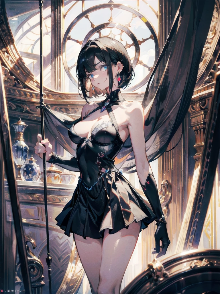 absurdres, RAW photo, extremely delicate and beautiful, masterpiece, Best Quality, ultra high resolution, 32k, hyperrealistic, ultra-detailed, perfect anatomy, anatomically correct, perfect figure, Perfect Style, Perfect balance, in her 20s, very Slim body, narrow waist, very small head, very small face, delicate facial features, detailed face, detailed eyes, tearful mole, earring, very huge round breasts, whole body shot, whole legs, medium hair, asymmetrical hair, indoor, skirt, camisole,