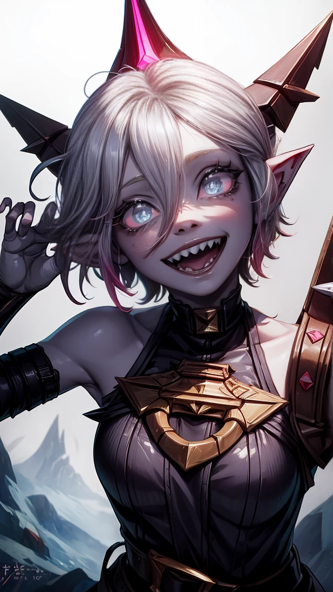 (masterpiece, Best quality, Ultra detailed), 1 girl, RosehipLoL, gray skin, kana, short hair, (pointed ears, sharp teeth), Looking at the viewer, get up,