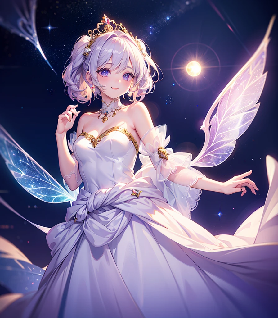 (Highest quality, masterpiece, Very detailedな, Very detailed, Exquisite, 16K,Full HD),A little closer,Golden Ratio,Dramatic lighting,pastel colour,Soft lighting, ((alone:1.5)),full moon,Starry Sky,meteor群,meteor,((head shot,Photo from the shoulders up)),(Fairy Princess, Purple eyes, Long eyelashes,White skin,slim,pale pink plump lips,Pale pink cheeks, The wind is blowing,White fluffy hair,thin and long,(thin and high nose,Small Nose),(A pair of giant fairy wings growing from just above his waist..),Silver decoration,Diamond Tiara,Diamond Earrings,Diamond Earrings,Diamond Choker,(silver ball gown dress:1.1), Silver lace and frills,(smile:1.2), (Fantasy, Romantic atmosphere), Magic Light,Ice Magic,