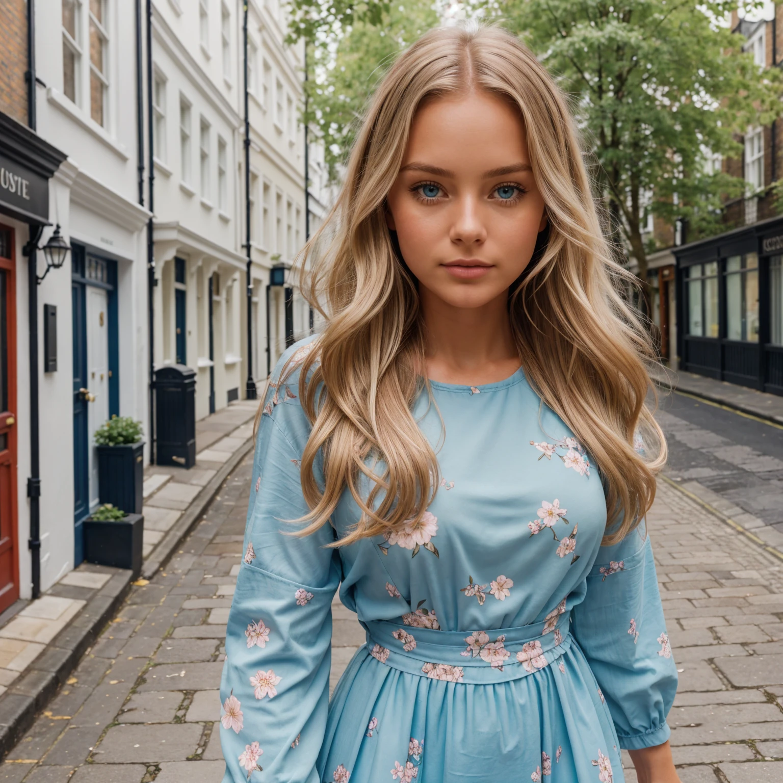 professional portrait photograph of a gorgeous 18 year,Norwegian girl Lise Olsen walking along the picturesque streets of Notting Hill, London with pastel-colored houses and blossoming flowers around her with long wavy blonde hair,blue eye,sultry flirty look, gorgeous symmetrical face, cute natural makeup,wearing vintage-style floral dress,ultra realistic,elegant, highly detailed, intricate, sharp focus, depth of field, f/1. 8, 85mm,(((professionally color graded))), bright soft diffused light, (volumetric fog), trending on instagram, hdr 4k, 8k