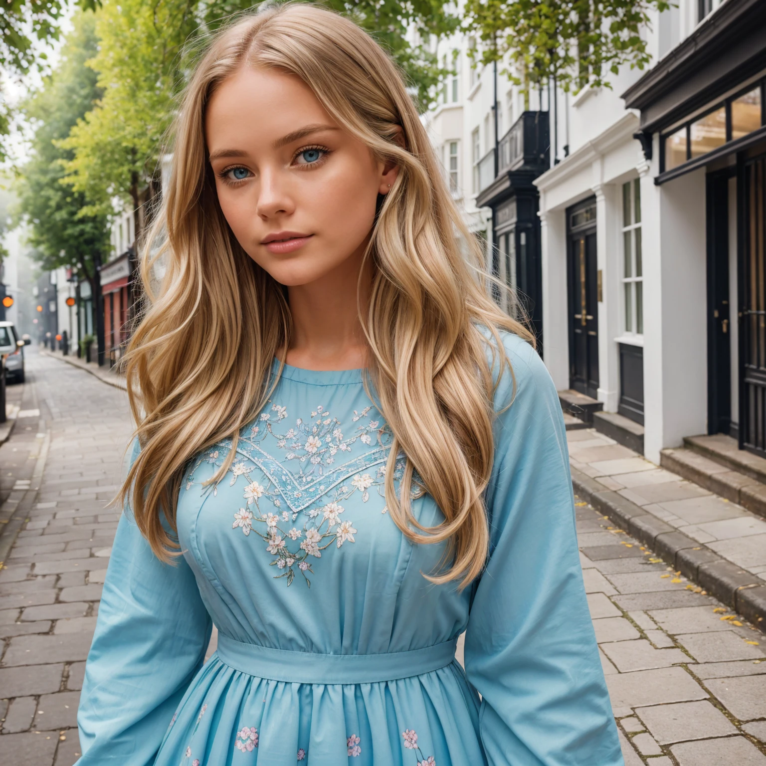 professional portrait photograph of a gorgeous 18 year,Norwegian girl Lise Olsen walking along the picturesque streets of Notting Hill, London with pastel-colored houses and blossoming flowers around her with long wavy blonde hair,blue eye,sultry flirty look, gorgeous symmetrical face, cute natural makeup,wearing vintage-style floral dress,ultra realistic,elegant, highly detailed, intricate, sharp focus, depth of field, f/1. 8, 85mm,(((professionally color graded))), bright soft diffused light, (volumetric fog), trending on instagram, hdr 4k, 8k