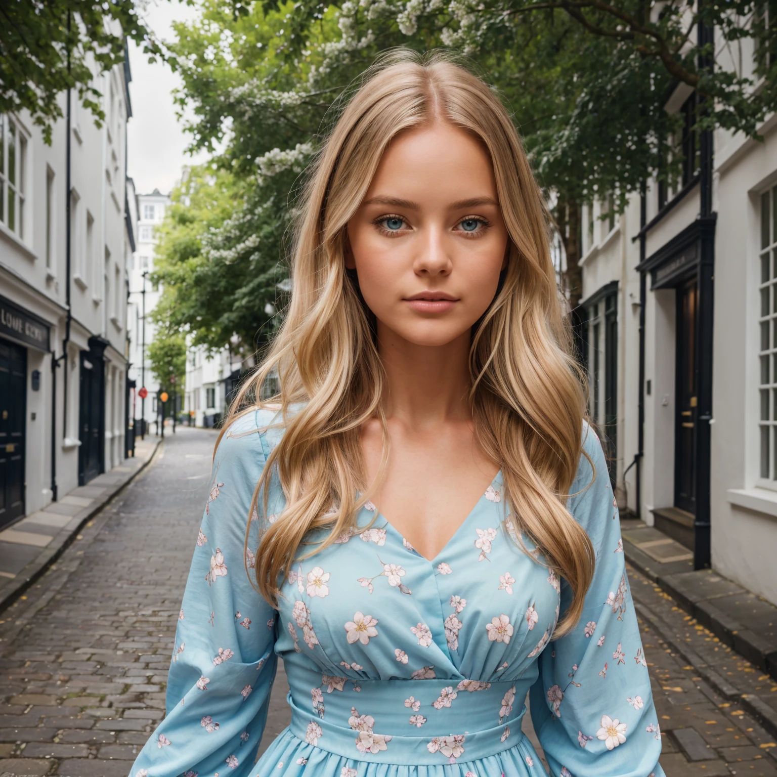 professional portrait photograph of a gorgeous 18 year,Norwegian girl Lise Olsen walking along the picturesque streets of Notting Hill, London with pastel-colored houses and blossoming flowers around her with long wavy blonde hair,blue eye,sultry flirty look, gorgeous symmetrical face, cute natural makeup,wearing vintage-style floral dress,ultra realistic,elegant, highly detailed, intricate, sharp focus, depth of field, f/1. 8, 85mm,(((professionally color graded))), bright soft diffused light, (volumetric fog), trending on instagram, hdr 4k, 8k