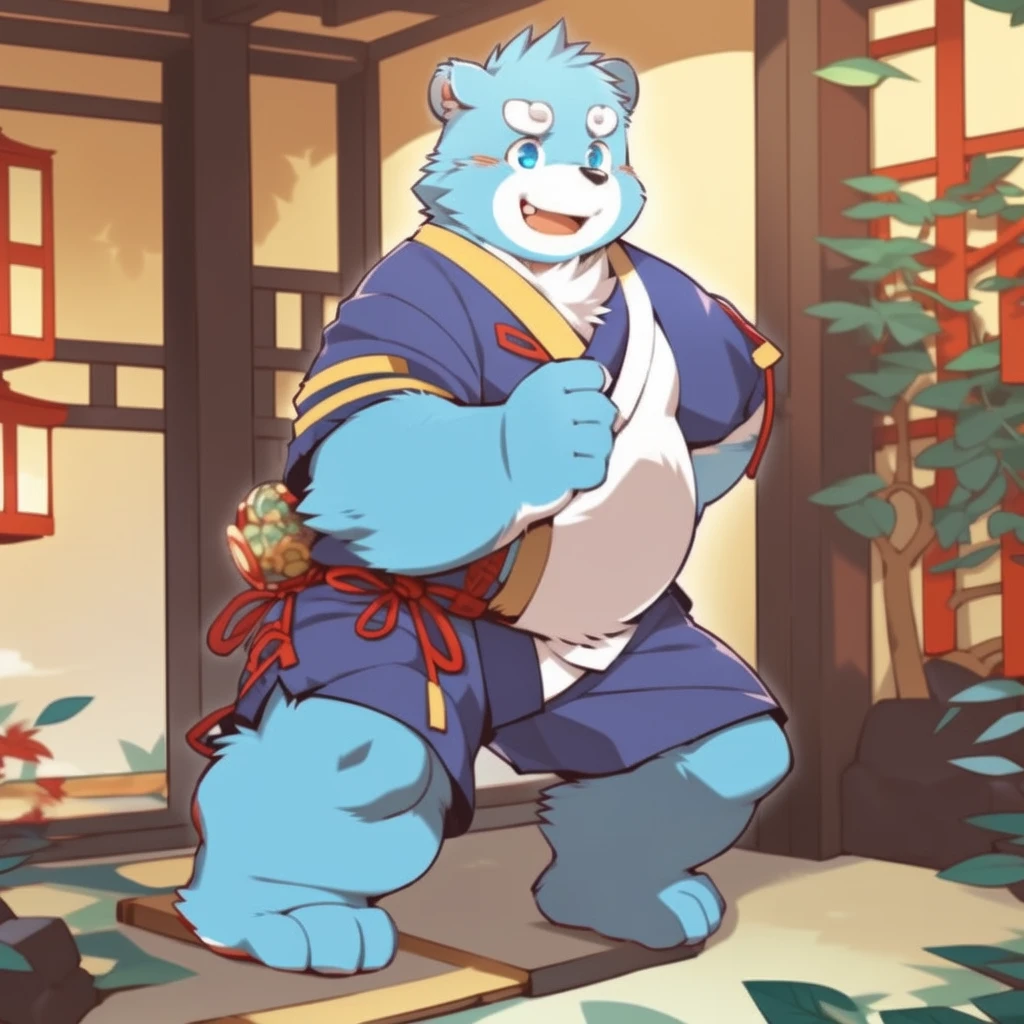 (by zixiong:1.1),(by takemoto arashi),(kemono:1.2),furry,shiquanhao,blue bear,1boy,blue fur,open mouth,animal ears,blue eyes,japanese clothes,bear ears,blue hair,fat,bear boy,(masterpiece),(very detailed),(best quality),alone,(detailed background:1.2),(smile:1.1),(detailed eye:1.2),chinese room,