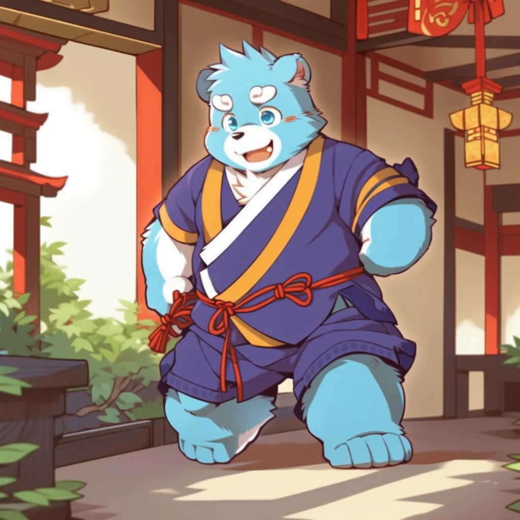 (by zixiong:1.1),(by takemoto arashi),(kemono:1.2),furry,shiquanhao,blue bear,1boy,blue fur,open mouth,animal ears,blue eyes,japanese clothes,bear ears,blue hair,fat,bear boy,(masterpiece),(very detailed),(best quality),alone,(detailed background:1.2),(smile:1.1),(detailed eye:1.2),chinese room,