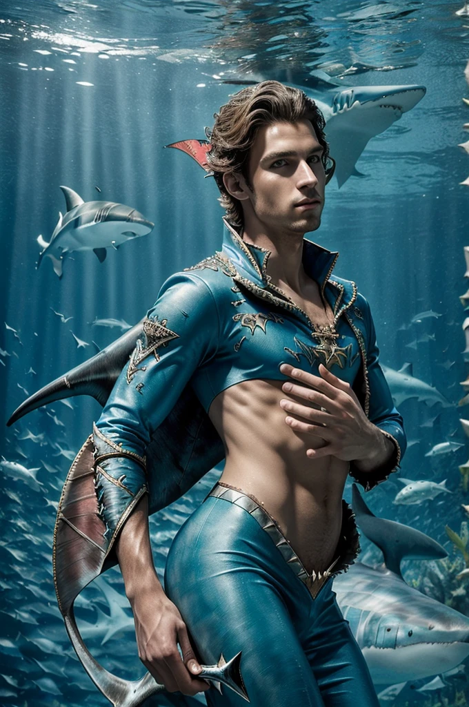 ((best quality)), ((masterpiece)), (detailed), ((perfect face)), ((shark prince)) , ((male)) , ((under water kingdom)),(( fairytale)), ((fins on his body)), ((royal and seductive clothes))