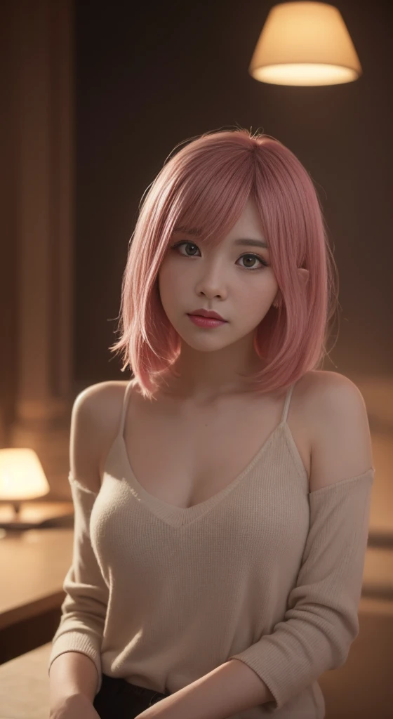 pink hair,long hair,single sidelock hairpin blush modern cinematic lighting,ray tracing,drop shadow wide shot UHD,textured skin,high details,best quality 4K