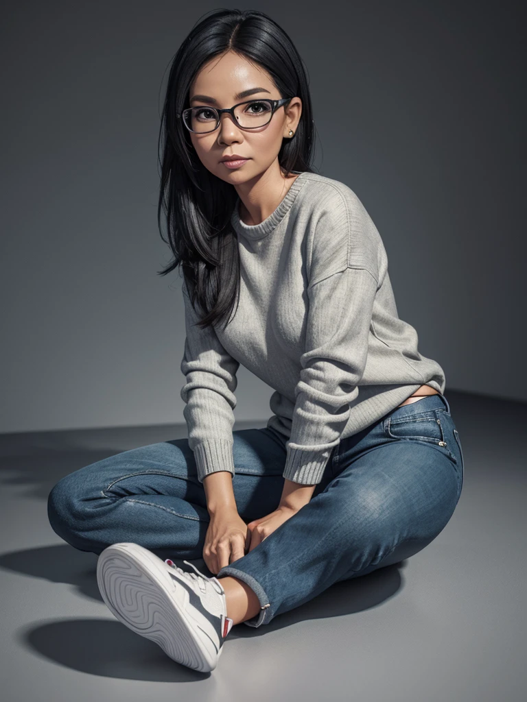Realistic 4D caricature with a big head of an Indonesian woman aged 40yo,thin body, wearing a sweater, jeans, sneakers, sitting in floor with his hand on his chin, black and silver gradient background,Pixar style,3D rendering