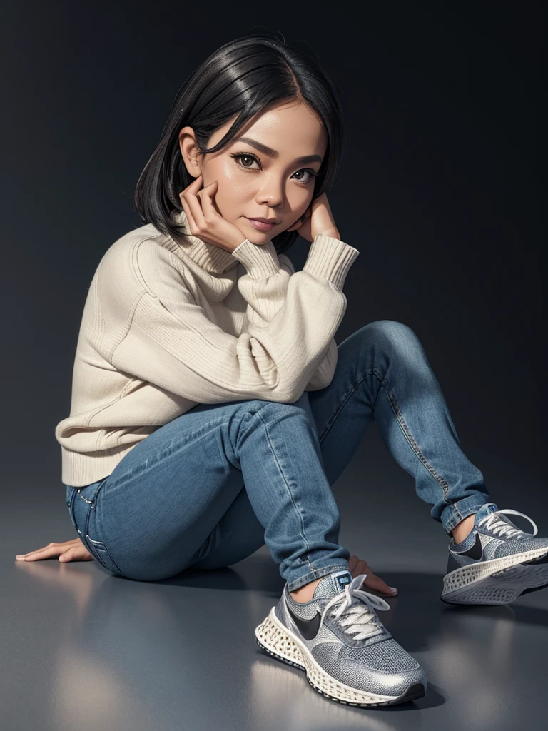 Realistic 4D caricature with a big head of an Indonesian woman aged 40yo,thin body, wearing a sweater, jeans, sneakers, sitting in floor with his hand on his chin, black and silver gradient background,Pixar style,3D rendering