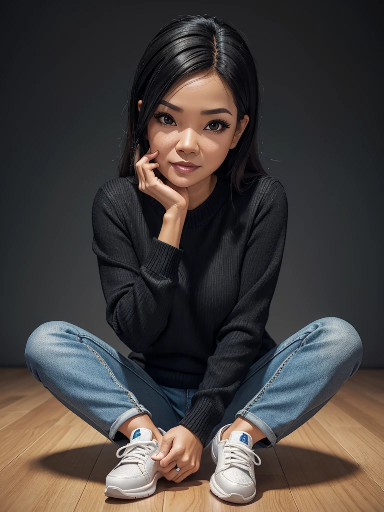 Realistic 4D caricature with a big head of an Indonesian woman aged 40yo,thin body, wearing a sweater, jeans, sneakers, sitting in floor with his hand on his chin, black and silver gradient background,Pixar style,3D rendering