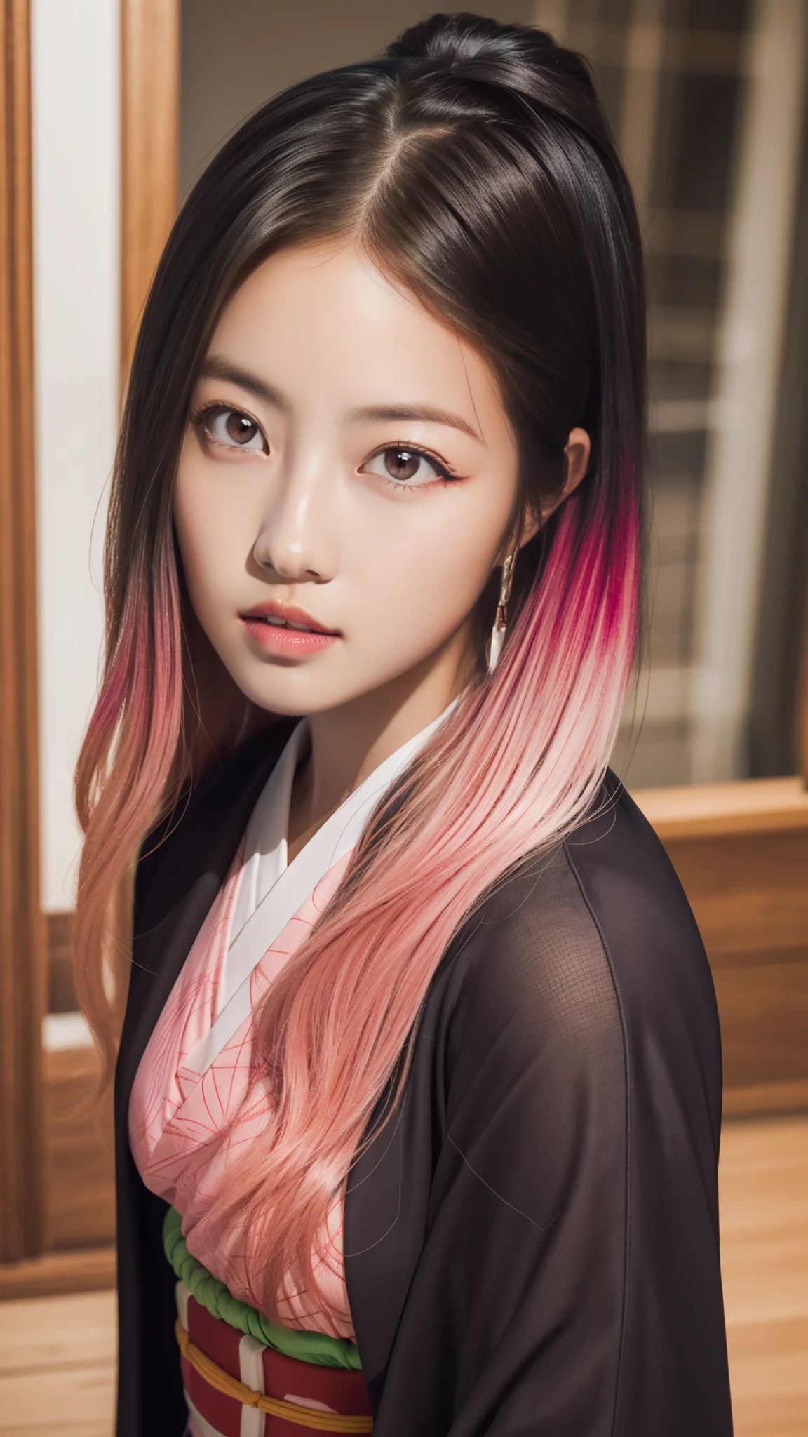 Cute Japanese female, (), (very cute face), white moist skin, looking at camera, melancholy expression,
BREAK,
Idol,
BREAK,
(wearing cute kimono: 1.3), (highly revealing kimono), very large earrings, short length,
BREAK,
(fighting pose: 1.3),
BREAK,
(long hair), (pink hair: 1.2), (wavy hair), (gradient hair: 1.3), (red hair at the ends),
BREAK,
(realistic: 1.3), masterpiece, perfect lighting, (ultra-high resolution), (8K), (highly detailed: 1.4), (from the front), (full body: 1.4), (symmetrical: 1.2),
BREAK,
(Shibuya city in Japan: 1.2),
BREAK,
(Demon Slayer: 1.4),
BREAK,
(Imada Mio: 1.4),