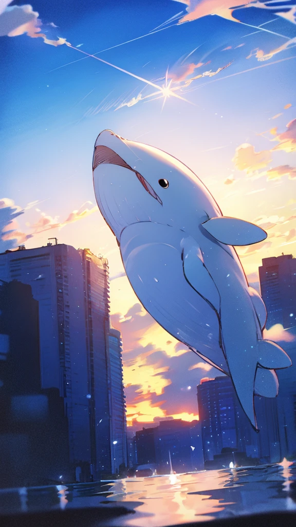 Whale flying in the blue sky,Buildings,sunset,Blue background,splash