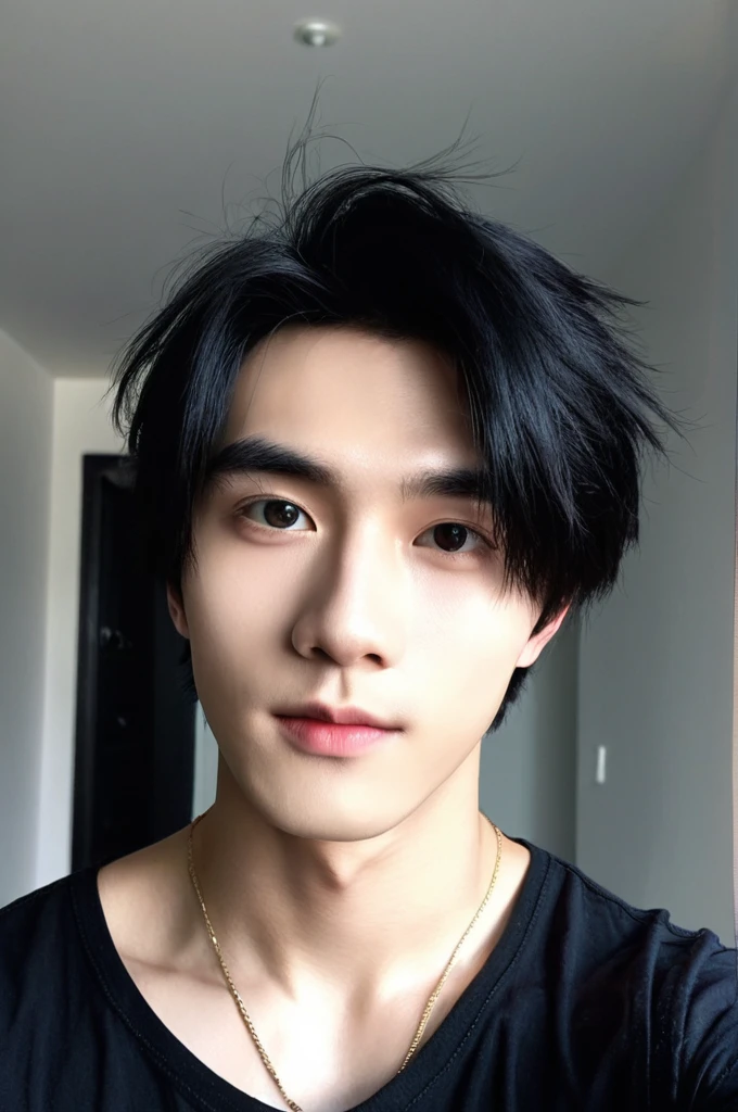 One boy, Young man with black hair ((Mash straight hair)),Male idol style, Medium size portrait, Oval Face, vivid,In a dark room Taking a selfie with your smartphone,(In a dark room)