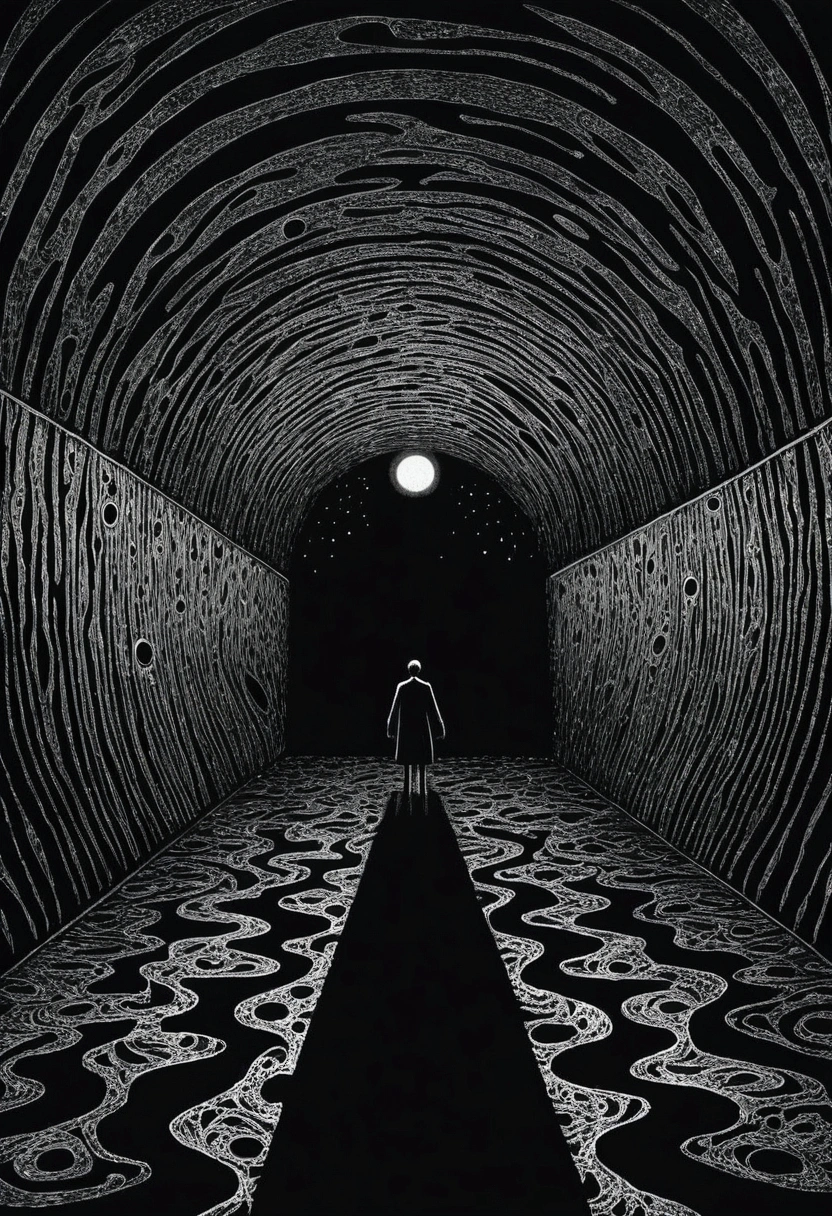 Pitch-black tunnel、Shadow of a person、indication、Eyeball、Blood pool、blood droplets、Swirl、darkness、Painting:Junji Ito