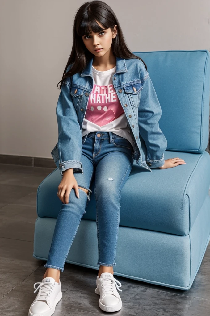 3D illystration of a girl sitting casually on front of a cake. The character must wear casual Moder clothing such as jeans jackets and sneakers shoes. The background of the image is a party theme. Write 'Meha' on the birthday cake. Sure the text is not misspelled. His age is 19