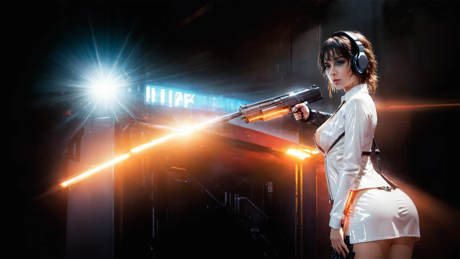 (((aerial view))), Blade Runner style futuristic railway platform, hi-tech train, neon lights, rainy night. (1girl, solo, alone), large-breast:1.2 slim body, cleavage:1.1, sexy lingerie with wet jacket, headphone, (black sunglasses), (((she raised a pistol:1.8 and shot:1.8 the viewer))), dynamic pose, (((half-body thigh level medium shot))), cinematic lighting, lens flare, ray tracing, blurred:1.4 background.