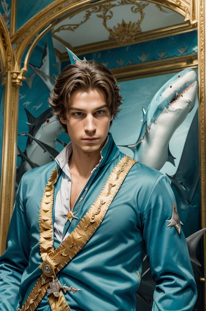 ((best quality)), ((masterpiece)), (detailed), ((perfect face)), ((shark prince)) , ((male)) , ,(( fairytale)), ((fins on his body)), ((royal and clothes))