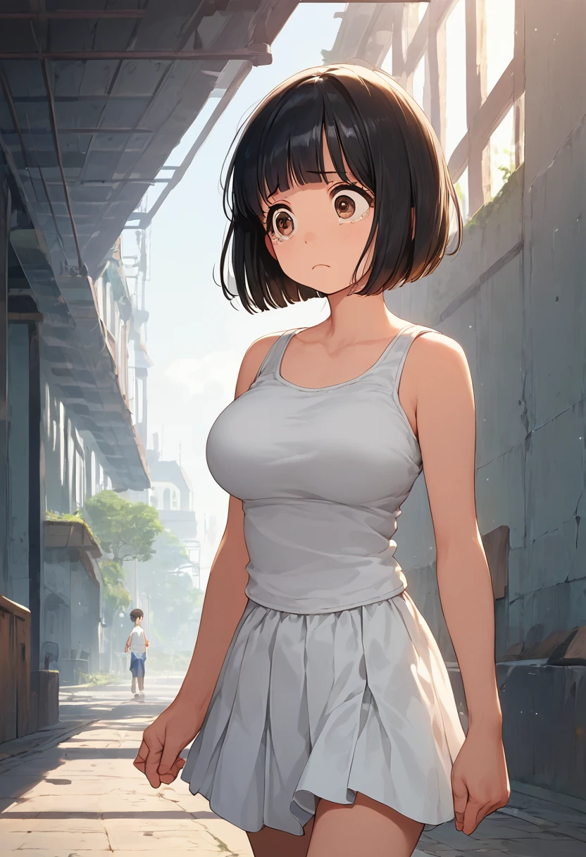 score_9,score_8_up,score_7_up,masterpiece,best quality, source anime, official art, super detailed, extreme detailed, rating_safe,
1girl, walking, flashlight, test of courage, looking another, cowboy shot,
BREAK girl, 22yo, short hair, bob cut, (blunt bangs), black hair, (tareme, detailed cute brown eyes), curled eyelashes, (large breasts:0.9),
shiny hair, beautiful detailed eyes, beautiful face,
white tank top, tight mini skirt,
(scared:1.3), frown,
(indoors), Abandoned Building