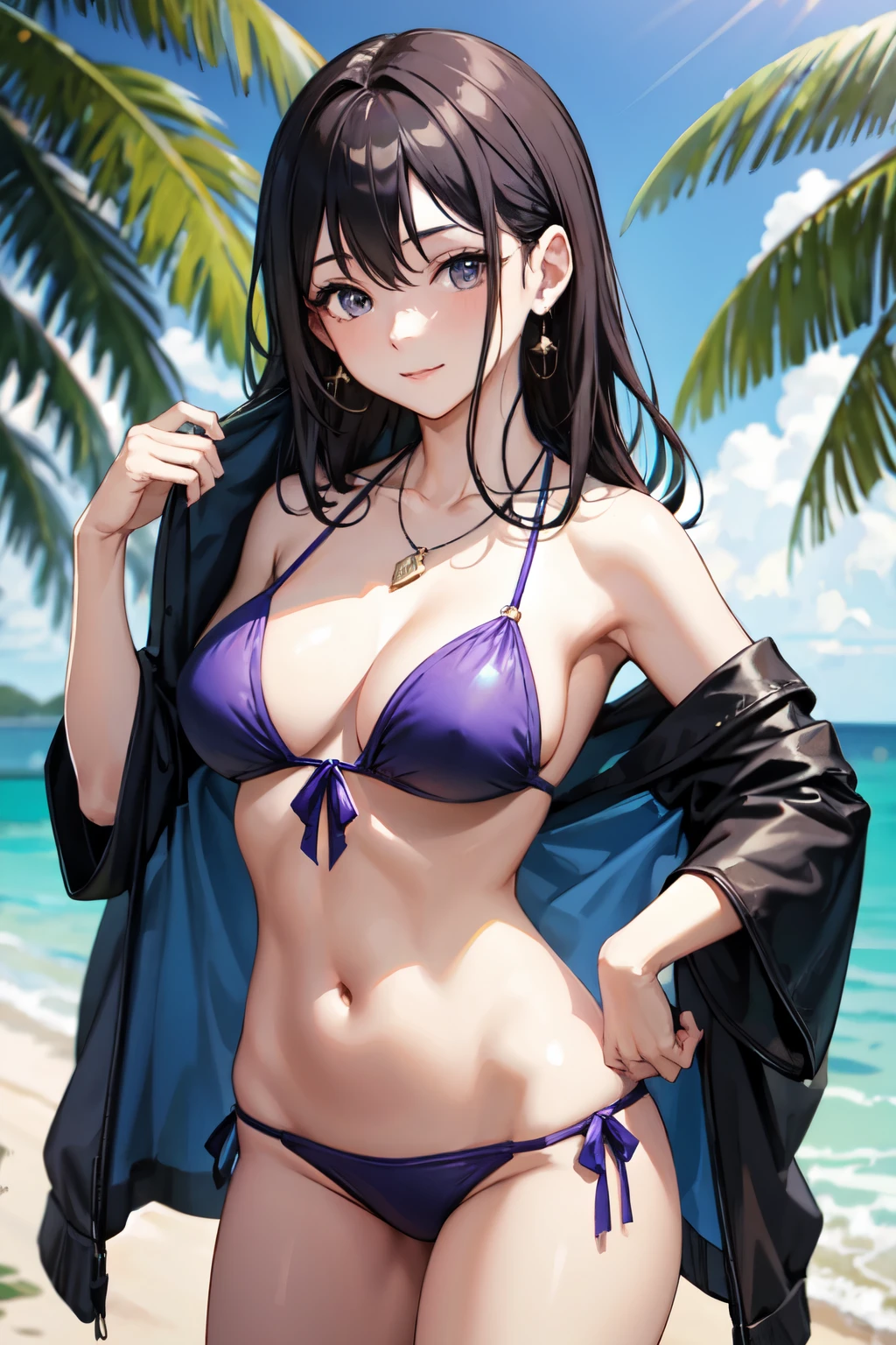 High resolution、Purple Bikini、barefoot、Real Skin、Big earrings、necklace、Cowboy Shot、Off the shoulder、((close))