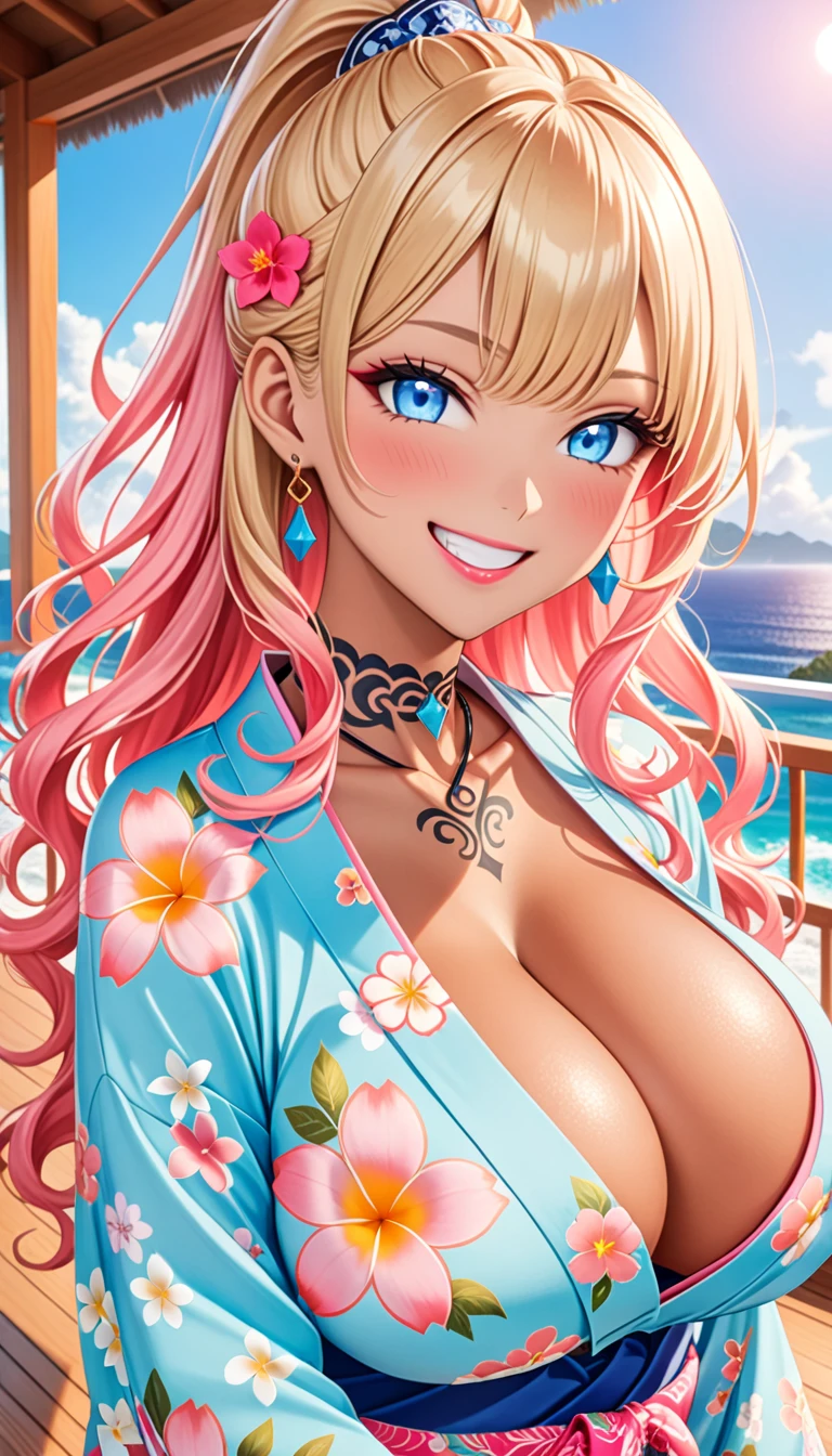 ultra-detailed, ((one girl)), ((portrait)), (tan skin:1.4), in pastel colors gyaru, (heavy makeup), (professional lighting) hyper detailed, absurdres, 8k, Beautiful Face, (Laugh shyly), ((teasing smile:1.8)), ((happy smile:1.1)), ((Wink:1.4)), (Laugh with your mouth wide open),((Tilt your face:1.6)), View your viewers, ((Bright red cheeks:1.6)),Glossy shocking pink lips, ((huge breasts:1.5)), undressing, ((Her tattoo peeked through her kimono:1.2)), noon, summer, Luxury resort with ocean view, ((Anime style background)),masterpiece, Highest quality, (Brighten your face), so beautiful,Latest, Complex details, ((fluorescent pink long nail:1.2)), (ring),(bracelet), (Floral Choker),AI-generated, Complex,High resolution, Highest quality, super high quality,3D Images、3D Images,One person, (blond long hair), (High Ponytail), (wavy hair:1.4), Anime woman posing for a photo, ((Fine grain、blue eyes、glowing eyes:1.4)), (Squint your eyes:1.1),a hyperRealistic , hyperRealistic , Realistic,Anime woman with long honey blonde hair, Smooth anime CG art, A girl in a gorgeous pastel-colored kimono, ((Pastel-colored furisode)),(Pink large floral pattern), (sideboob), Long flower hair ornament,large gold hoop earrings, Mature Body, tall,Narrow waist, front view,