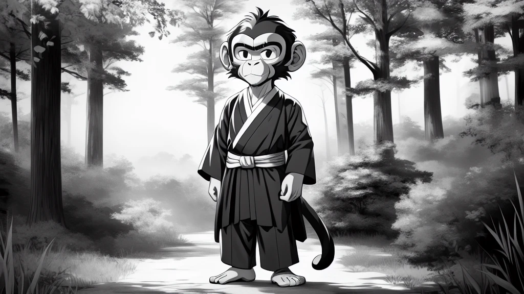 ((Masterpiece, high quality, best graphics, high definition, high definition, 4k)), old photo, vintage photo, 1 Monkey boy, Young, (Solo), (((monkey ears, monkey tail))), ((upper body)), Wooden Katana in right hand, old samurai suit, old samurai pants, (ribbon on waist), wooden sandals, looking away, standing, (((monochrome, grayscale, pencil style, old movie style, noise, VHS movie, anime style))), (forest background, trees, tree shadow, grass, (((Saru to kani no Gassen anime 1917 style))).