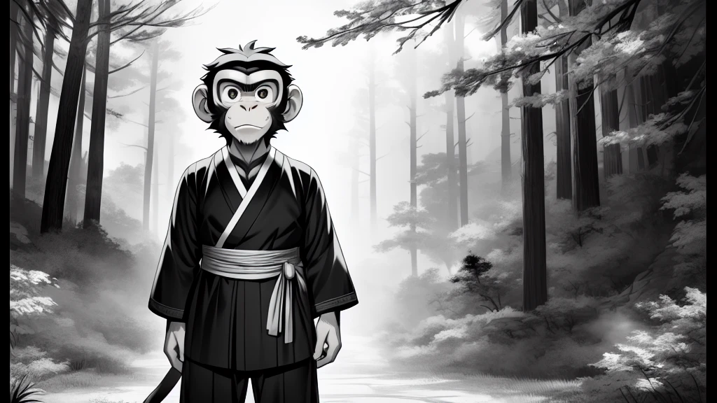 ((Masterpiece, high quality, best graphics, high definition, high definition, 4k)), old photo, vintage photo, 1 Monkey boy, Young, (Solo), (((monkey ears, monkey tail))), ((upper body)), Wooden Katana in right hand, old samurai suit, old samurai pants, (ribbon on waist), wooden sandals, looking away, standing, (((monochrome, grayscale, pencil style, old movie style, noise, VHS movie, anime style))), (forest background, trees, tree shadow, grass, (((Saru to kani no Gassen anime 1917 style))).