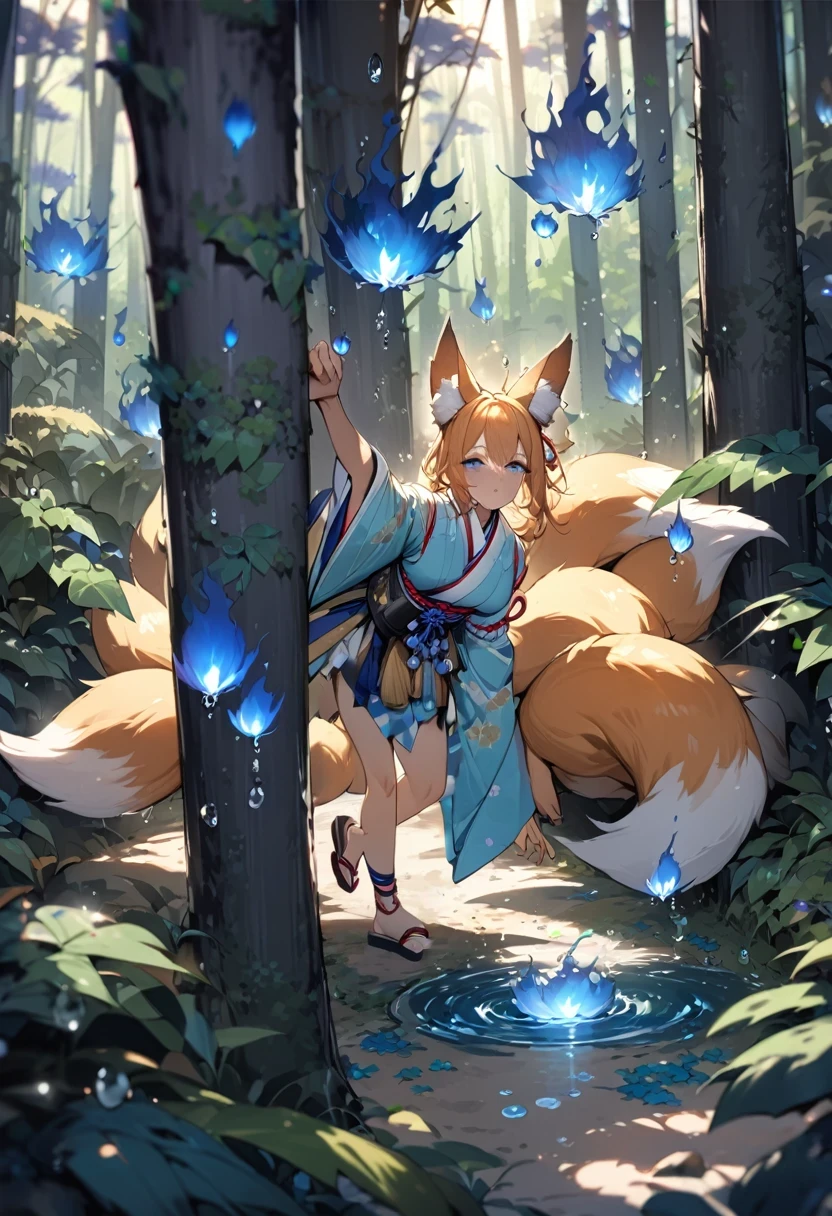 Two legs, one foot behind tree, Japanese sandels