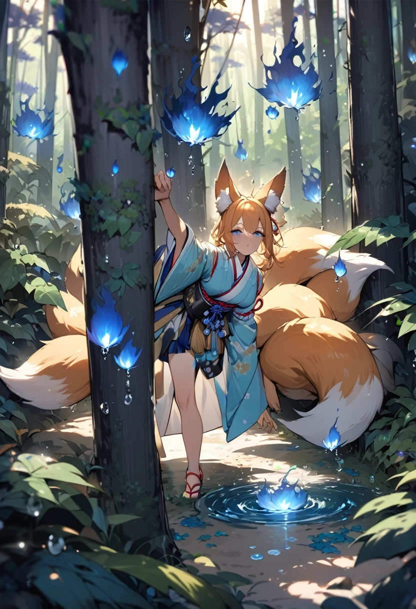 Two legs, one foot behind tree, Japanese sandels
