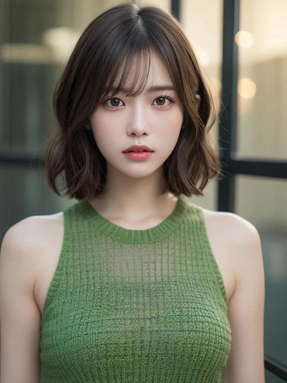 (masterpiece:1.3), (8k, Photorealistic, RAW Photos, Best image quality: 1.4), 20-year-old girl、(Random Hairstyles:1.2)、Super detailed face、Attention to detail、double eyelid、Sharp focus:1.2、Beautiful woman:1.4、Light brown hair、Highest quality、masterpiece、Ultra-high resolution、(Photorealistic:1.4)、Highly detailed and professional lighting、Green Sheer Knit Wear、thin、Serious expression、Short-haired、Deadly position、Clear Skin、Random pose、Shiny Hair、Sculpture model pose、
