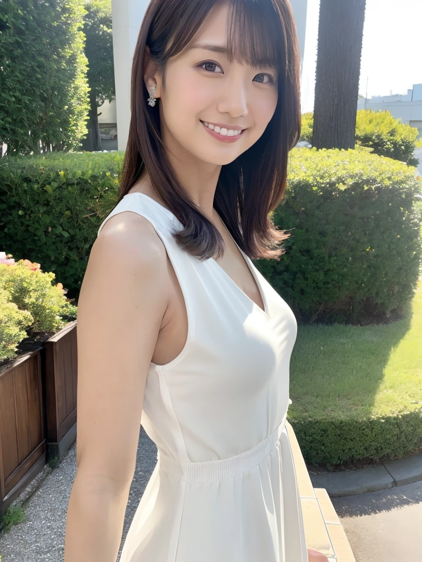 Tabletop, 最high quality, Realistic, In detail, High resolution,Beautiful Japanese Woman,Beautiful attention to detail, Beautiful lip detail, Very detailed顔, Small Head, Small areola, Cinema Lighting, Realistic, 8k, high quality, Very detailed, look at me,smile,(White dress ),Long Hair,(Random outdoor locations),(Big Breasts:0.7),(Inoue Kiyokana),whole body, (Breast bulge:0.7),thin,(Front view,throw)、Overall View(Are standing)