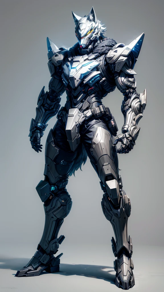 Create a boy wearing futuristic cybernetic armor inspired by a wolf, with everything and helmet , pencil sketches full body anime style
