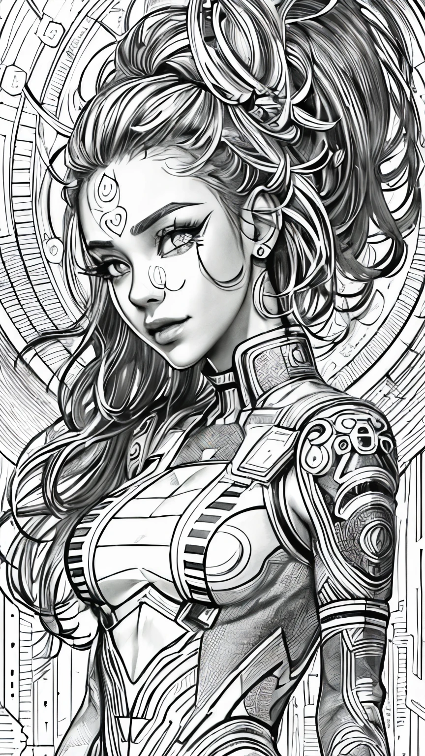 (Black and white coloring book:1.5), masterpiece, Highest quality, (Detailed Background), High Contrast, Highly detailed face, ((Eyes are clearly defined)), smile, Hair is white, whole body, Skinny, Futuristic and edgy design、Cyberpunk dress with technology, Line drawings without color or shading, Beautiful line drawing, The outline is a thick line,