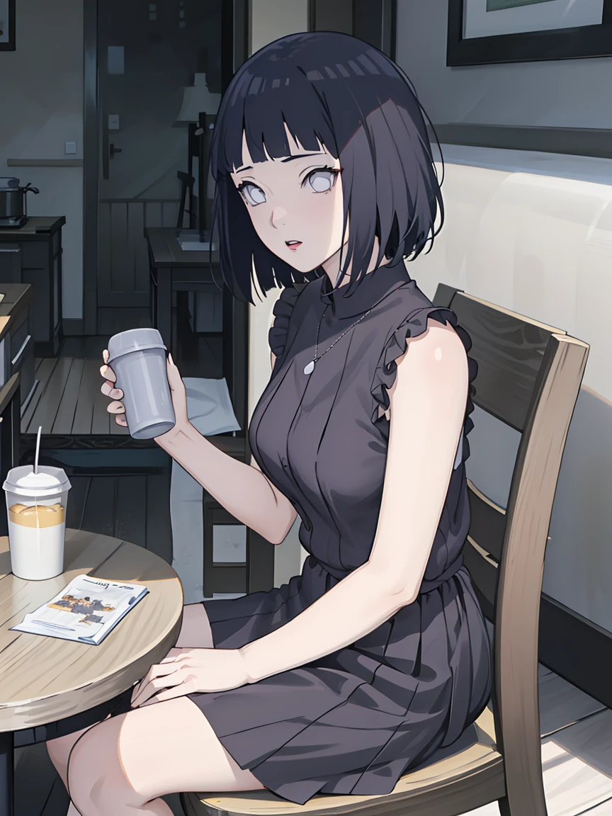 anime girl sitting on a chair with a cup of coffee, an anime drawing by Shitao, pixiv, gothic art, guweiz, artwork in the style of guweiz, guweiz on pixiv artstation, guweiz on artstation pixiv, white haired deity, guweiz masterpiece, best anime 4k konachan wallpaper, hinata\(boruto\), 1girl, solo,mature female,medium breast, 