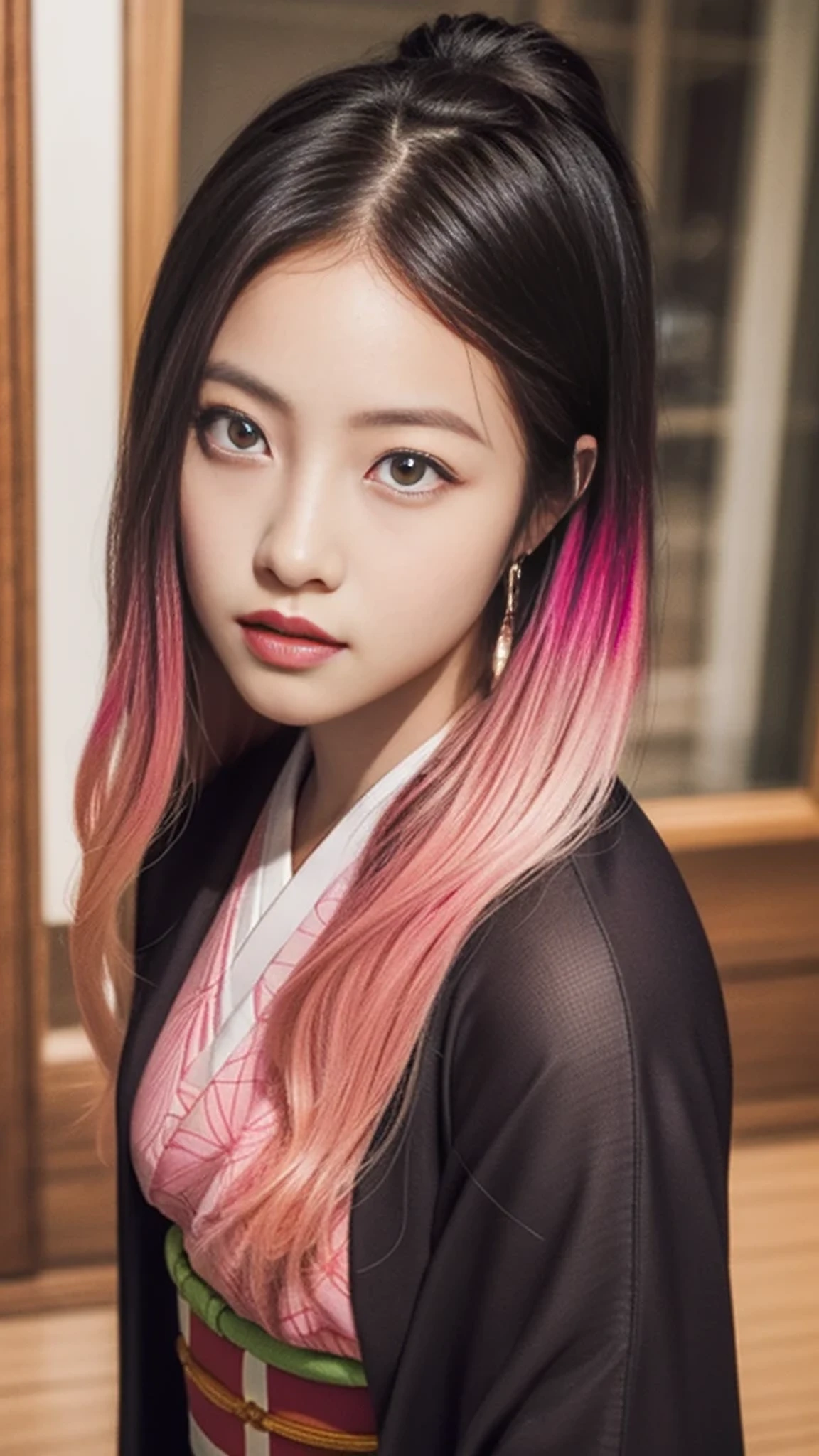 Cute Japanese female, (), (very cute face), white moist skin, looking at camera, melancholy expression,
BREAK,
Idol,
BREAK,
(wearing cute kimono: 1.3), (highly revealing kimono), very large earrings, short length,
BREAK,
(fighting pose: 1.3),
BREAK,
(long hair), (pink hair: 1.2), (wavy hair), (gradient hair: 1.3), (red hair at the ends),
BREAK,
(realistic: 1.3), masterpiece, perfect lighting, (ultra-high resolution), (8K), (highly detailed: 1.4), (from the front), (full body: 1.4), (symmetrical: 1.2),
BREAK,
(Shibuya city in Japan: 1.2),
BREAK,
(Demon Slayer: 1.4),
BREAK,
(Imada Mio: 1.4),