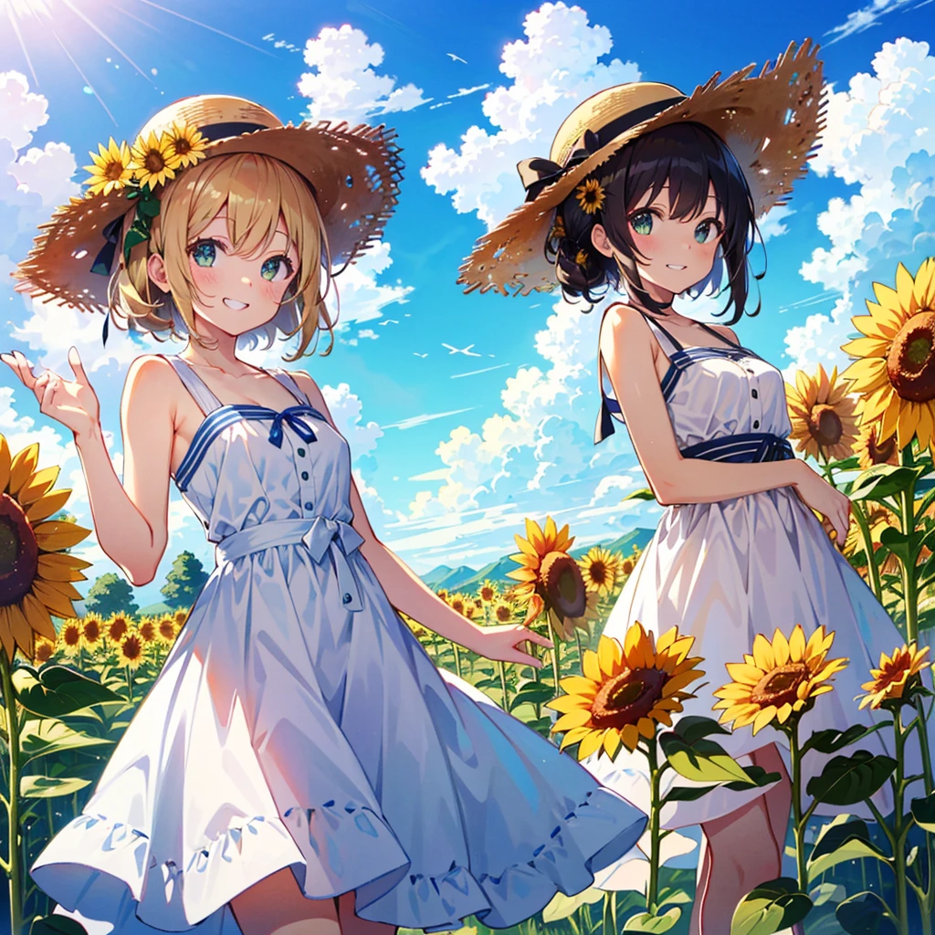 straw_hat,sunflower_field,sunny,smile,grin,white_onepiece_dress,skirts,from_below,beautiful_sky,perfect_quality,masterpiece,perfect_anatomy,reflection,hold_sunflower,light_brown_hair,light_green_eyes,ahoge,NATSUIRO_MATSURI,1_beautiful_girl,cute_face,beautiful,best_quality,good_anatomy