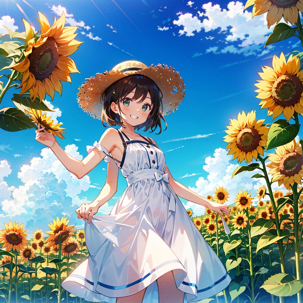 straw_hat,sunflower_field,sunny,smile,grin,white_onepiece_dress,skirts,from_below,beautiful_sky,perfect_quality,masterpiece,perfect_anatomy,reflection,hold_sunflower,light_brown_hair,light_green_eyes,ahoge,NATSUIRO_MATSURI,1_beautiful_girl,cute_face,beautiful,best_quality,good_anatomy