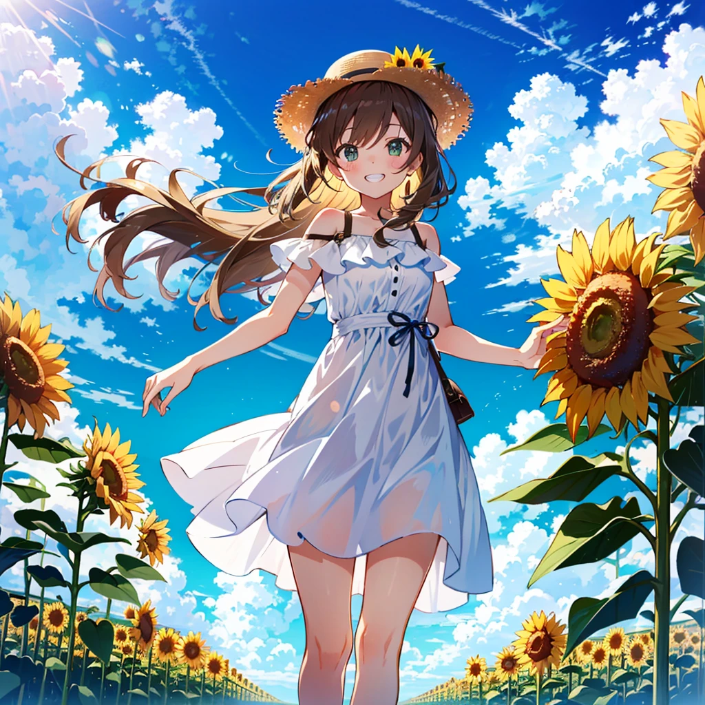 straw_hat,sunflower_field,sunny,smile,grin,white_onepiece_dress,skirts,from_below,beautiful_sky,perfect_quality,masterpiece,perfect_anatomy,reflection,hold_sunflower,light_brown_hair,light_green_eyes,ahoge,NATSUIRO_MATSURI,1_beautiful_girl,cute_face,beautiful,best_quality,good_anatomy