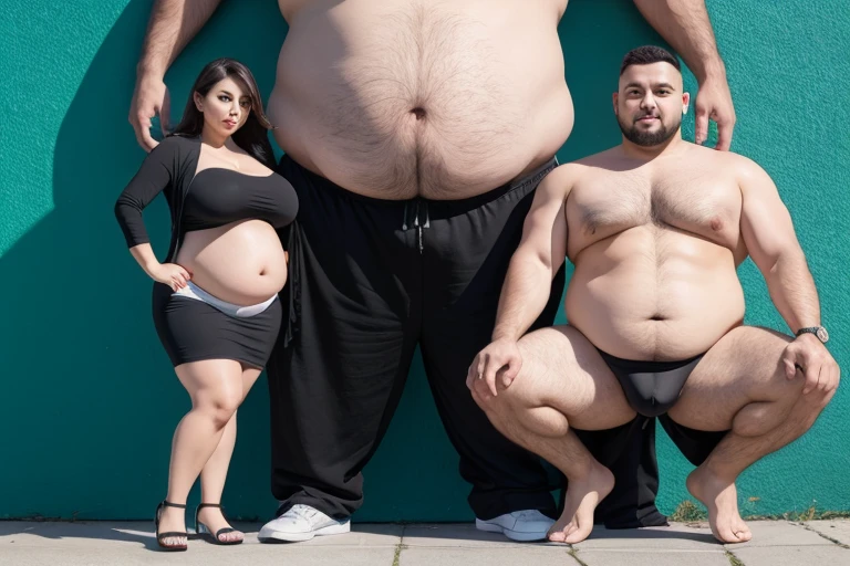 a big belly man and a big belly woman, full body shot