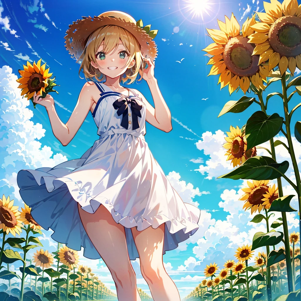 straw_hat,sunflower_field,sunny,smile,grin,white_onepiece_dress,skirts,from_below,beautiful_sky,perfect_quality,masterpiece,perfect_anatomy,reflection,hold_sunflower,light_brown_hair,light_green_eyes,ahoge,NATSUIRO_MATSURI,1_beautiful_girl,cute_face,beautiful,best_quality,good_anatomy