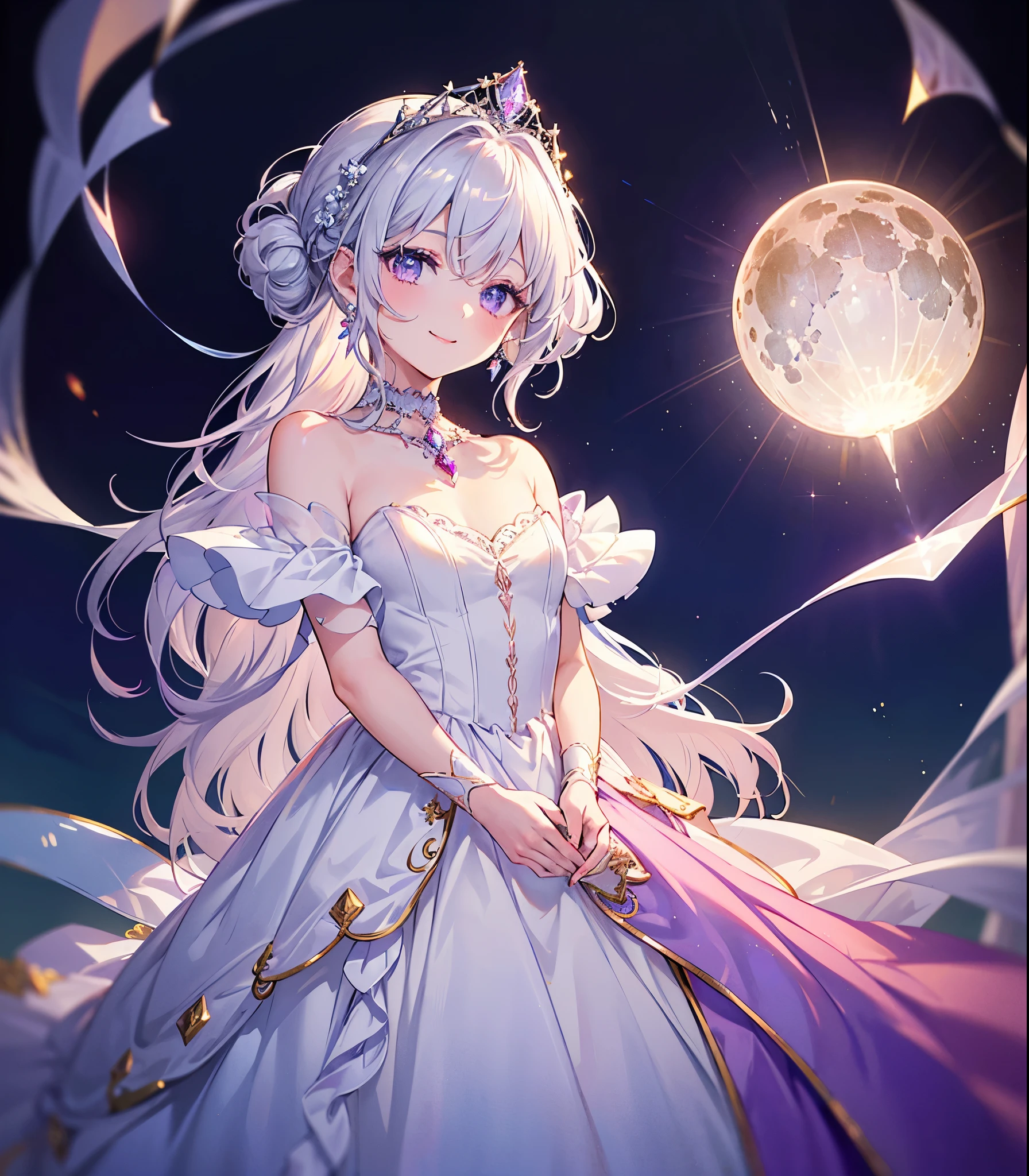 (Highest quality, masterpiece, Very detailedな, Very detailed, Exquisite, 16K,Full HD),A little closer,Golden Ratio,Dramatic lighting,pastel colour,Soft lighting, ((alone:1.5)),full moon,Starry Sky,meteor群,meteor,((head shot,Photo from the shoulders up)),(Purple eyes, Long eyelashes,White skin,slim,pale pink plump lips,Pale pink cheeks, The wind is blowing,White fluffy hair,thin and long,(thin and high nose,Small Nose,Silver decoration,Diamond Tiara,Diamond Earrings,Diamond Earrings,Diamond Choker,(silver ball gown dress:1.1), Silver lace and frills,(smile:1.2), (Fantasy, Romantic atmosphere), Magic Light,Ice Magic,