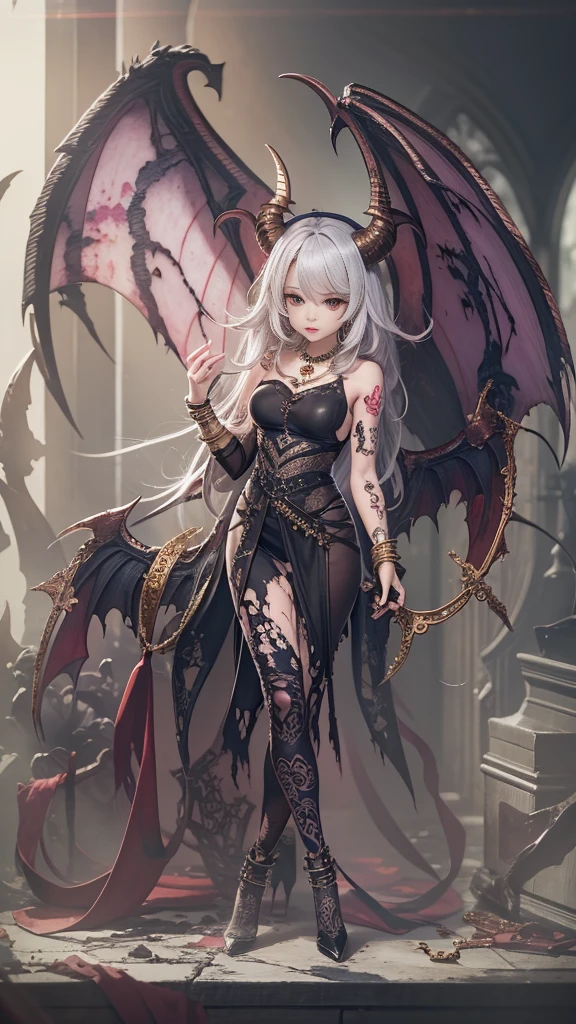 (32K:1.5, Dark fantasy:1.5, Highest quality, masterpiece, Ultra-high resolution), Perfect dynamic composition:1.6, The ruined demon world:1.6, (Detailed tattoos on the whole body:1.6, Wearing exquisite jewelry:1.6), Very detailedな肌と顔の質感:1.3, Fascinating肖像画:1.3, Very accurate, Very detailed, (Cute and sexy succubus demon with big wings:1.3, Incredibly slim body:1.3, beautifully、aesthetic:1.3), Prisoner, slave, Horn, Fair skin, Sensual stance, Spread your legs, chaos, darkness, (How to properly dress a heavily torn garment:1.3), Breasts so big that they almost burst, Don&#39;t show areola, Big breast gap, (Big eyes that exude beautiful eroticism:0.4, Her facial expression when she felt intense caressing:1.0, Please open your mouth a little, lipstick, Feel the beautiful eroticism:0.9, Too sexy and cute:0.9, Fascinating:0.9), ((torture:1.5, Lots of chains:1.6, Countless chains tangled in clothes:1.6, Chain your right arm:1.5, Chain the left arm:1.5, The right foot is bound with shackles and chains:1.5, The left leg is bound with shackles and chains:1.5)), (((An immeasurable amount of fluid flows through the body:1.5))), Super long blonde curly hair, Earrings, necklace, bracelet, romantic, mysterious, elegant, Object of admiration, original, dramatic, artistic, Innovative, charm, Heartful, Fancy, sense of openness, sense of cleanliness, special, exciting, Extreme, Tilt, sense of loss, sorrow, sorrowの表現, (((大人のcharm, 女性的なcharm)))