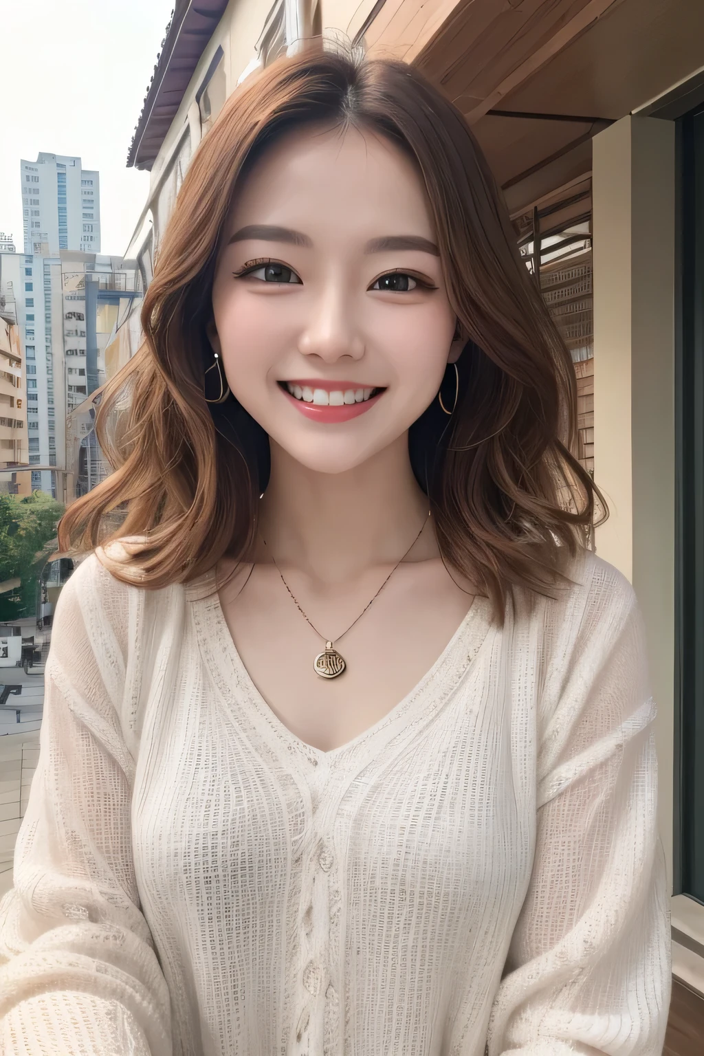 Highest quality, ,smile、Beautiful teeth alignment、Light brown hair、Wavy Hair、Long sleeve blouse、ear piercing、necklace, , Face Focus、The background is the building's corridor.