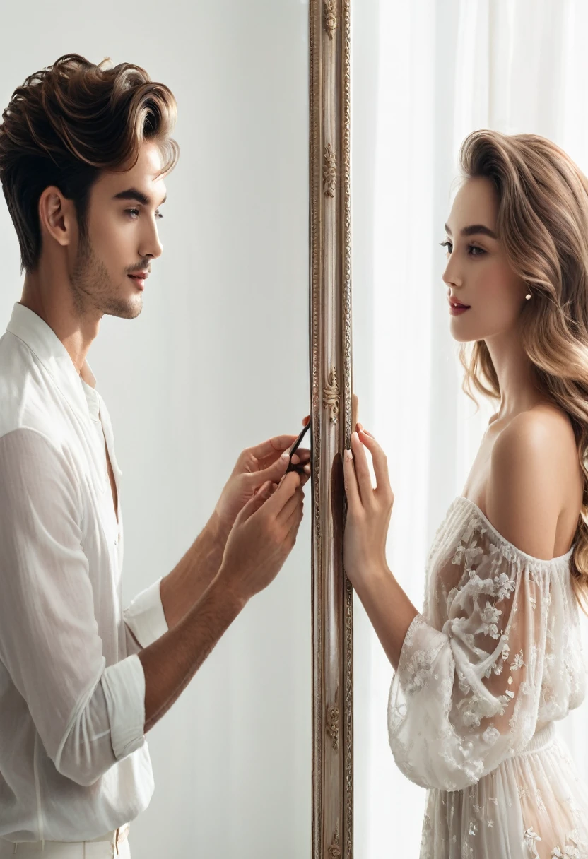 They are looking at each other in the mirror, two models in the frame, Unconsciously looking at each other, Beauty Campaign, photo shoot, handsome face and beautiful face, photo shoot for skincare brand, Look in the mirror, In romantic style, Model shoot, Look in the mirror, Look in the mirror, Edit Photos, Look in the mirror, Couple pose