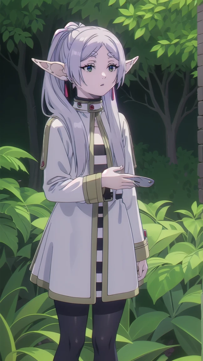 to freeze, to freeze, long hair, ponytail, (green eyes:1.5), White hair, pointed ears, elf, very feminine, shows bare chest, naked грудь, very sexy, naked грудь, naked, elastic, nude грудь, full length (full body 1.1.), nude, very sexy, naked, sex pose, nude, sex pose, Close-up, shirt, long sleeves, Jewelry, tights, earrings, striped, black tights, lure, striped shirt, looking at viewer, whole body,  sky, nature, (masterpiece:1.2), Best quality, a high resolution, unity 8k wallpaper, (illustration:0.8), (beautiful detailed eyes:1.6), very detailed face, perfect lighting, extremely detailed computer graphics, (perfect hands, Ideal Anatomy),