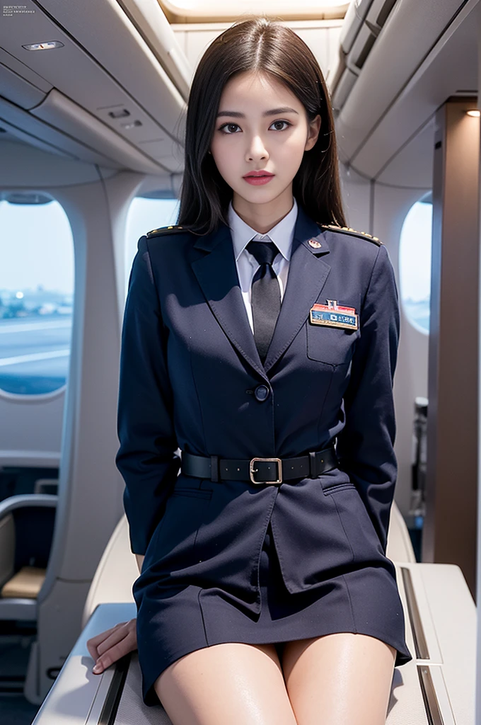 Top Quality, Masterpiece, 8K, Ultra High Definition, (Photorealistic: 1.4), 1 Girl, Beautiful Face, Symmetrical Eyes, Big, Perfect Body Proportions, Stewardess Uniform, Viewer's Look, (Inside the Airplane: 1.2), Front View, Shoulder Jump, Absolute Area (1.3),