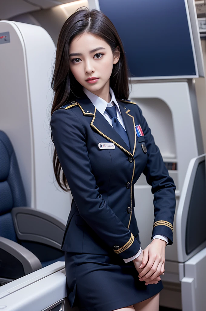 Top Quality, Masterpiece, 8K, Ultra High Definition, (Photorealistic: 1.4), 1 Girl, Beautiful Face, Symmetrical Eyes, Big, Perfect Body Proportions, Stewardess Uniform, Viewer's Look, (Inside the Airplane: 1.2), Front View, Shoulder Jump, Absolute Area (1.3),